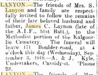 J. C. Lanyon. Image source Kalgoorlie Miner. Family Notices  3.9.1010 p2