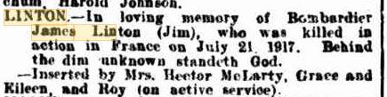 James Linton. Image source Western Mail, Family Notices 17.8.1917 p27