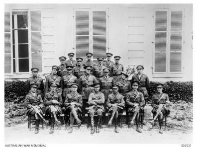 Lieut. A.J. Bussell 2nd row 3rd from right.10th Bde. AFA. Cocquerel France 1918. Source AWM E02521