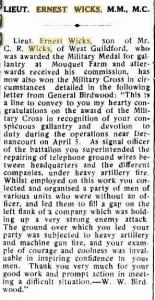 Lieut E. Wicks. Camp Chronicle Midland 18.7.1918 p6  