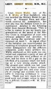 Lieut. E.Wicks. Article Camp Chronicle 18.7.1918 p6