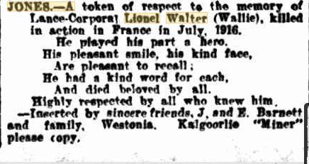 Lionel Walter Jones. Obituary. Source Western Mail 8.9.1916 p50