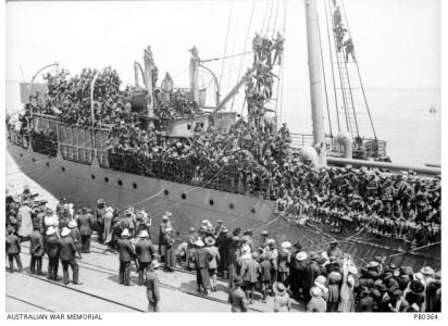 HMAT 'Commonwealth' A73 ready to depart Melbourne Wharf. Photographer Josiah Barnes photograph source AWM PB036