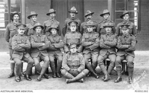 43rd Battalion. Cpl R.W.  Masters from 6th left in backrow. Photo source AWMP03552.002