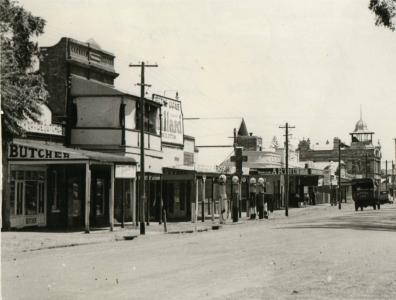 McDermotts store was located  to the left of the petrol station in James St. Photo c1938. Photographer unknown, photograph reproduced with permission E.Paton