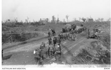Menin Road. Soldiers marching to the front 1917. Photographer unknown, photograph source AWM E0464
