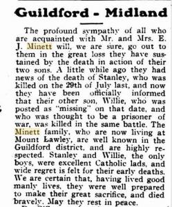 Minett, S J and W H. Article in The Record (Perth WA) 10.3.1917 p 7