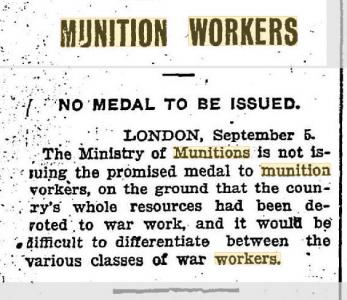 Munition Workers.Daily News. No Medal. 6.9.1919 p5