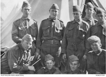 Nine members of the 10th Bn. with Teesdale Smith in Lower Rt. Cnr. Photographer unknown, photograph sourced AWM P04633.001