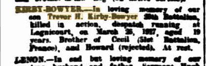 Obituary Kirby-Bowyer. Image source West Australian Newspaper  26.3.1918 p1 Family Notices