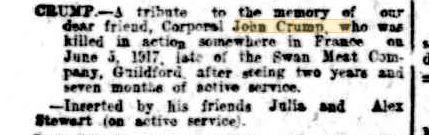Obituary J. Crump. The West Australian 6.11.1917, Family Notices p1