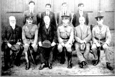 Officers at Guildford Artillery Camp-opening of the YMCA Hall. Lieut. Roebuck front row 2nd from left. Photograph source Western Mail 9.6.1916 p23