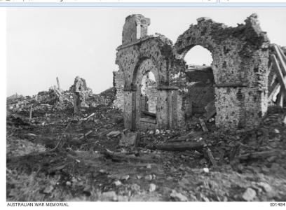 Only wall standing in Messines, in the Town Square 17.6.1918. Photographer unknown, image courtesy AWM E01484