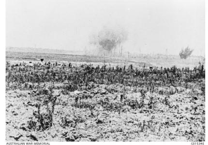 Pozieres under German bombardment. Photographer unknown, photograph source AWM G01534