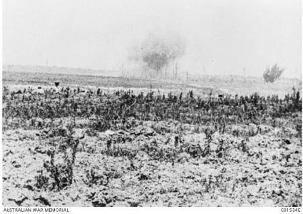 Pozieres under attack by German artillery. Photographer unknown, photograph source AWM G01534E