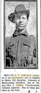 Pte. D. W. Carlson. Photograph source Daily News 27.8.1915 Pte. D. W. Carlson. Photograph source Daily News 27.8.1915