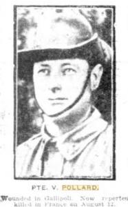 Pte.V. Pollard. Photograph source Western Mail 13.10.1916 p28