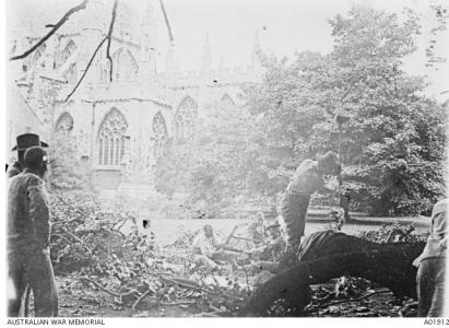 Recovering patients working on the grounds of Exeter Catherdral 1918. Photograph sourced AWM A01912 