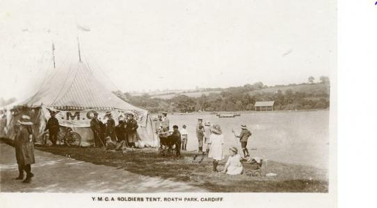 Roath Park, YMCA soldiers&#039; tent for convalescing  soldiers. Postcard source