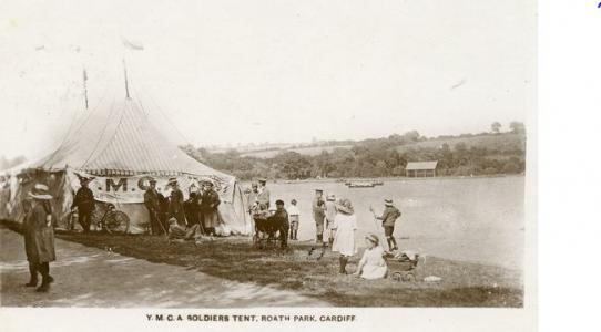 Roath Park, YMCA soldiers' tent for convalescing  soldiers. Postcard source