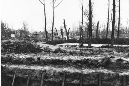 Ruined Village of Hebuterne, France May 1918, note shell hole mid picture. Photographer unknown, photograph source AWM AO2537