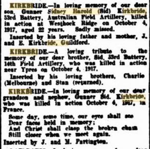 S.H. Kirkbride. Image source West Australian Newspaper. Family Notices  4.10.1919 p1