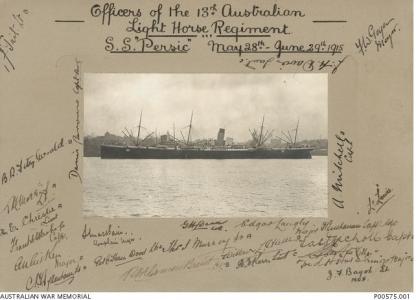 SS 'Persic' A37. Photograph donor Estate of Miss Phyllis Litherland,  photograph source AWM P00575.001