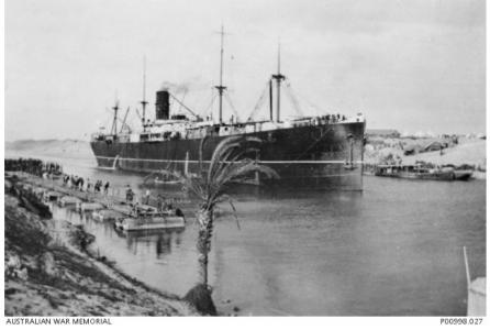 SS Suffolk passing through the Suez Canal 1916. Photographer unknown, photograph source AWM P00998.027