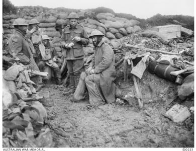 Sandbagged legs and feet to prevent tench foot and leg damage due to damp, trenches at L&#039;Abbaye Somme. Photographer unknown photograph source AWM E0023