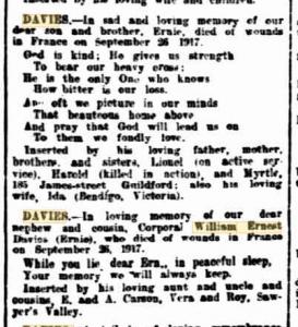 W E.E.J. Davies.Obituary. West Australian 26.9.1918. Family Notices p1