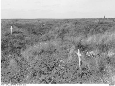 Scattered graves at Kay&#039;s Trench Pozieres 1917. Photographer unknown, photograph source AWM E0997