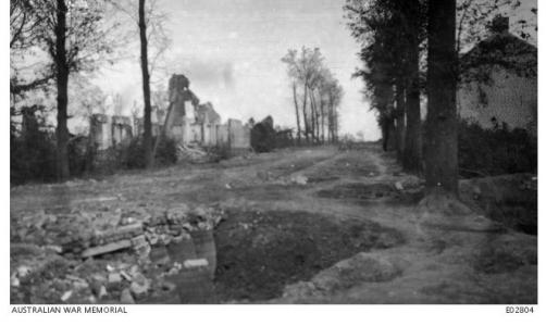 Shell damage Meteren village 1917. Photographer unknown, photograph source AWM E02804