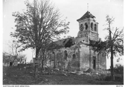 Shell damaged church at Joncourt .The Village was captured by allied forces on October 1st 1918. Photographer unknown, photograph source AWM E03770