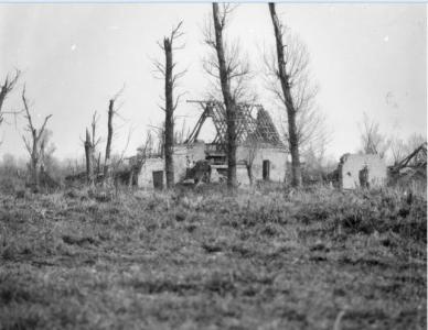 Ruined farm on the Fromelles battlefield- damaged in action July 19-20th 1916 battle. Photographer unknown, photograph source AWM E04039