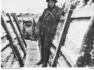 Soldier in 'Spain Avenue' ,Houplines Sector, Armentieres, December 1916. Photographer unknown, photograph AWM H16988