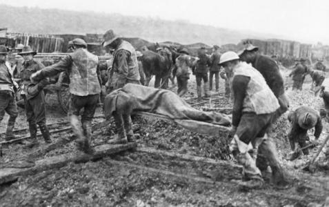 Stretcher bearers bringing in the wounded at from the Albert- Bapaume area of the Somme December 1916. Photographer unknown, photograph source AWM E00049