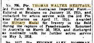 T W Heritage . Bravery on Field. Daily Mail Brisbane 22.7.1918 p7