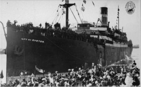 Troops arrive at Fremantle per 'City of Exeter' 16.8.1919. Photograph unknown, photograph source Fremantle Library