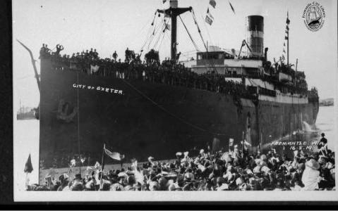 Troops arrive at Fremantle per&#039; City of Exeter&#039; 16.8.1919. Photographer unknown, photograph source Fremantle Library