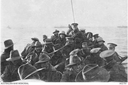 Troops being towed ashore at Gallipoli April 1915. Photographer unknown, photograph source AWM A0278