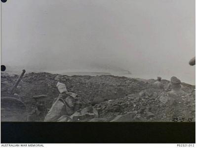 Troops in trenches at Gaba Tepe June 1917. Photographer H.C. Nott, photograph source AWM P02321.012