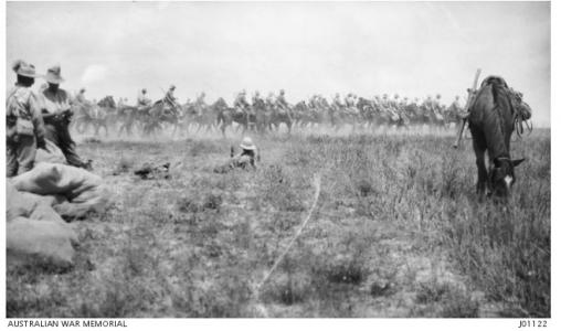 Troops of the Australian Light Horse moving forward during the Second Battle of Gaza, April 1917. Photographer unknown, photograph source AWM J0112