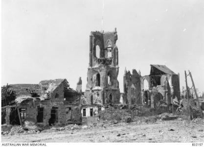 Villers-Bretonneux, ruined church 1918. Photographer unknown, photograph source AWM E02157