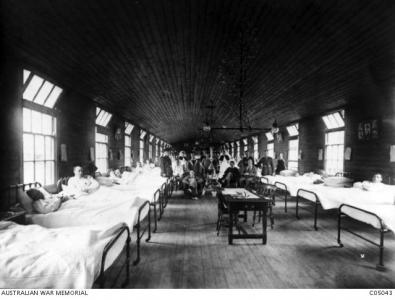 Ward at the No. 3 Australian General Hospital at Dartford 1916. Photographer unknown, photograph source AWM C05043