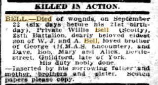 William Bell. Image source Sunday Times 21.10.1917 Family Notices p1