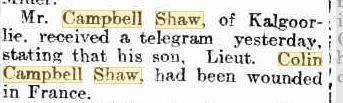 Wounded Lieut. C.C. Shaw. Kalgoorlie Miner 6.11.1917. p4