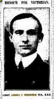 Lieut. Lionel F Robinson. Photograph source The Argus (Melb) 14.1.1916 p5